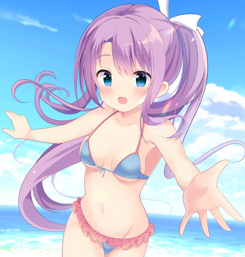 1girl, absurdres, bikini, blue_bikini, blue_eyes, blush, breasts, cloud