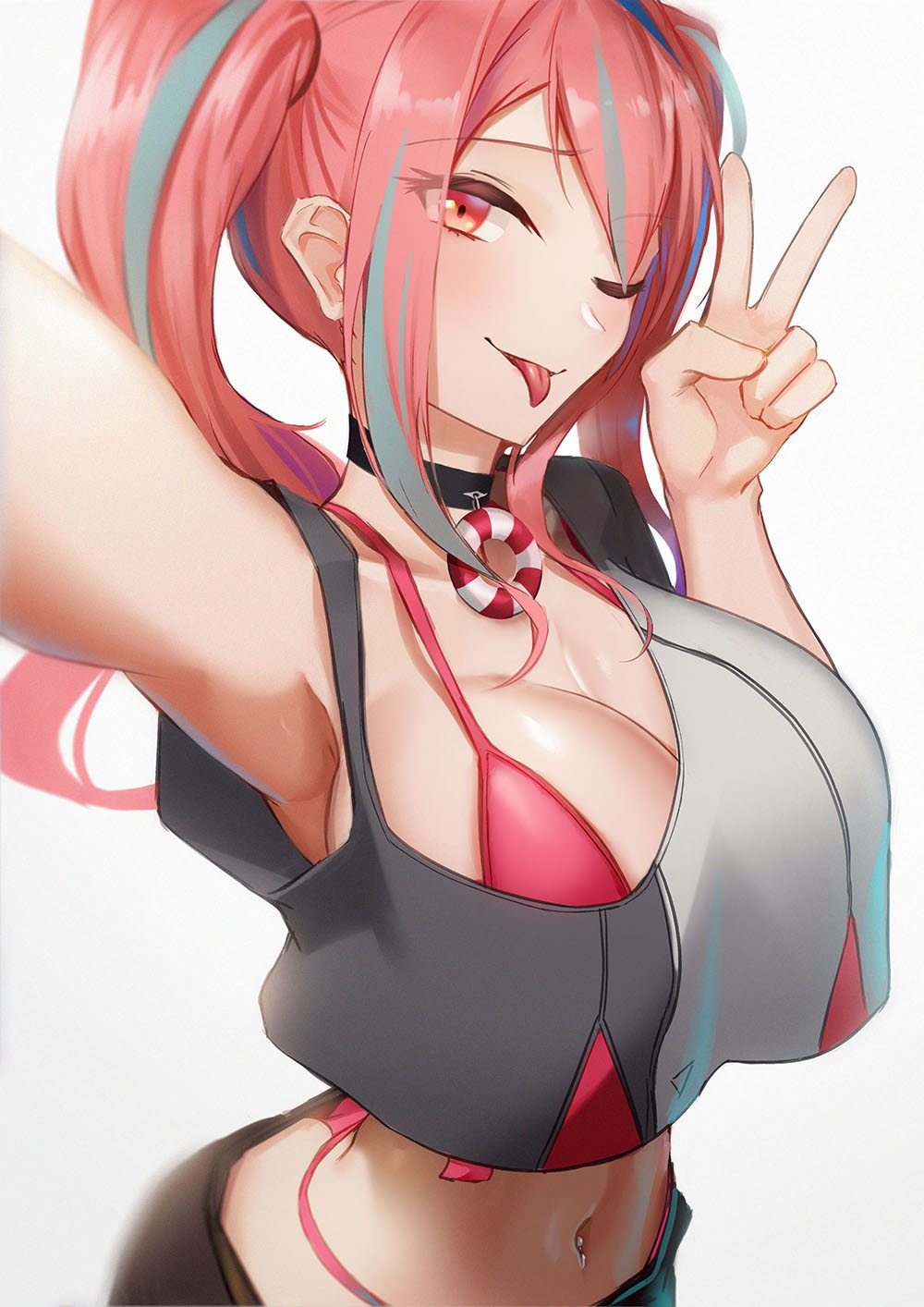 1girl, ;), ;p, armpits, azur_lane, bikini, bikini_under_clothes, black_choker, breasts, bremerton_(azur_lane), choker, cleavage, commentary_request, crop_top, crop_top_overhang, grey_background, grey_hair, grey_shirt, hands_up, highres, large_breasts, lodbyy, long_hair, looking_at_viewer, midriff, multicolored_hair, navel, one_eye_closed, partial_commentary, pink_bikini, pink_eyes, pink_hair, shirt, smile, solo, stomach, streaked_hair, swimsuit, tongue, tongue_out, twintails, upper_body, v