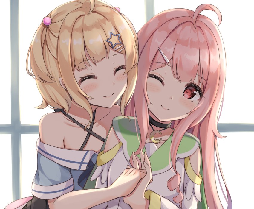 2girls, ^_^, absurdres, ahoge, blonde_hair, closed_eyes, hair_ornament, highres, keiran_(ryo170), kotone_rina, kotone_runa, long_hair, multiple_girls, official_art, one_eye_closed, pink_hair, red_eyes, runarina_channel, short_hair, star_(symbol), star_hair_ornament, virtual_youtuber