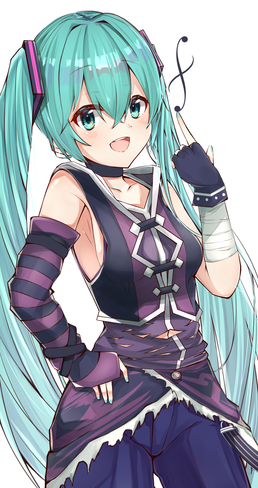 1girl, absurdres, aqua_nails, arm_warmers, armpits, asymmetrical_sleeves, bare_shoulders, blue_shorts, breasts, choker, collarbone, commentary, cosplay, fingerless_gloves, flower_(vocaloid), flower_(vocaloid4), fur-trimmed_kilt, gloves, hair_ornament, hand_on_own_hip, hand_up, hatsune_miku, highres, index_finger_raised, logo, long_hair, looking_at_viewer, nail_polish, open_mouth, ore-artstudio, purple_gloves, purple_shirt, purple_vest, shirt, shorts, sideboob, single_arm_warmer, single_glove, sleeveless, sleeveless_shirt, smile, solo, striped_arm_warmers, torn_clothes, twintails, uneven_sleeves, v_flower_(vocaloid4)_(cosplay), very_long_hair, vest, vocaloid