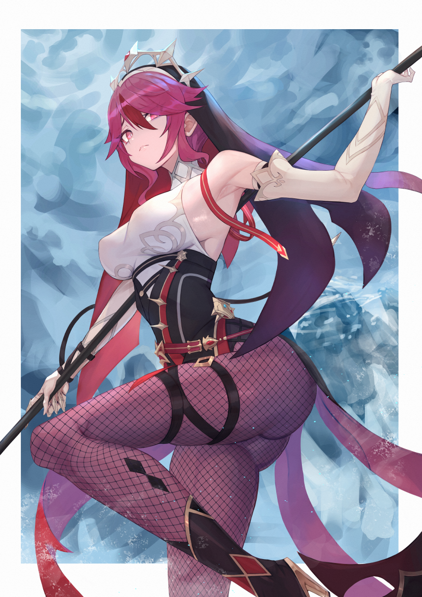 1girl, arm_up, armpits, ass, bare_shoulders, beil, breasts, claws, elbow_gloves, fishnet_pantyhose, fishnets, full_body, genshin_impact, gloves, high_heels, highres, holding, holding_polearm, holding_weapon, large_breasts, leg_up, legs, long_hair, moco_(moco_28), pantyhose, polearm, purple_eyes, purple_hair, purple_pantyhose, rosaria_(genshin_impact), sideboob, sky, sleeveless, solo, thigh_strap, weapon, white_gloves