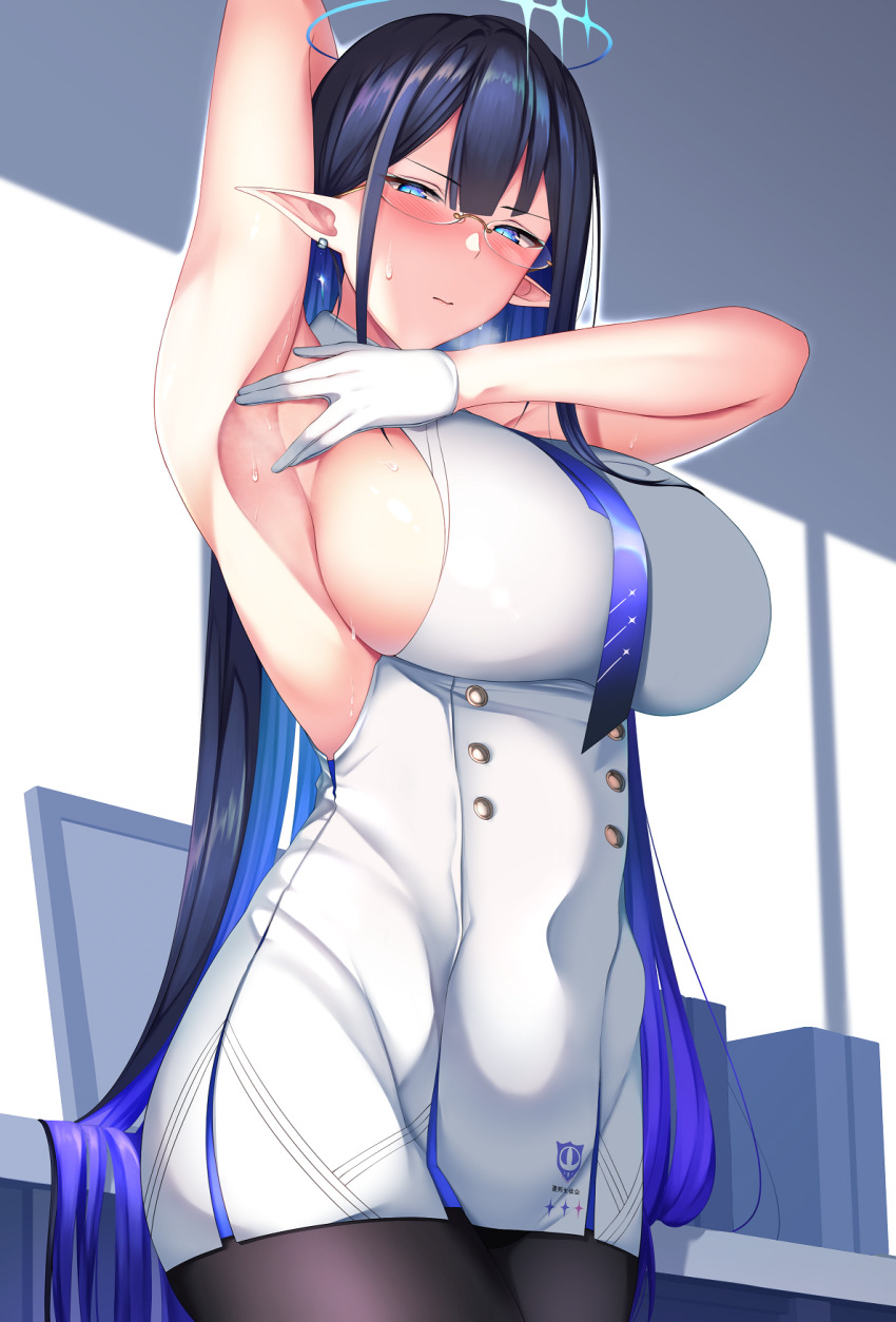 1girl, arm_behind_head, armpits, blue_archive, blue_eyes, blush, breasts, glasses