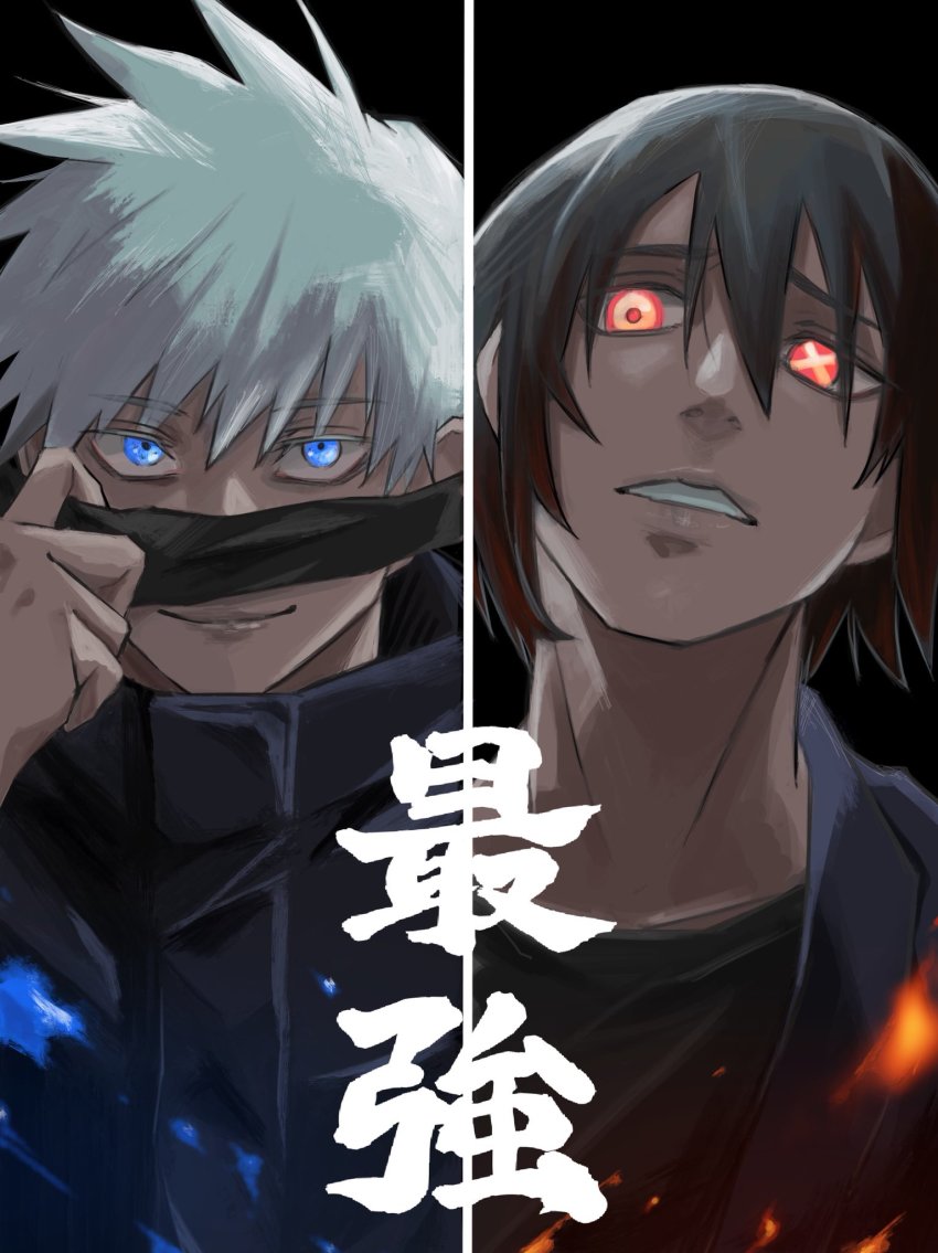 2boys, black_hair, black_jacket, blindfold, blue_eyes, crossover, en'en_no_shouboutai, glowing, glowing_eyes, gojo_satoru, high_collar, highres, jacket, jujutsu_kaisen, looking_at_viewer, male_focus, multiple_boys, red_eyes, shinmon_benimaru, smile, white_hair