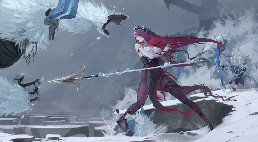 1girl, absurdres, bare_shoulders, belt, black_dress, breasts, claw_ring, dress