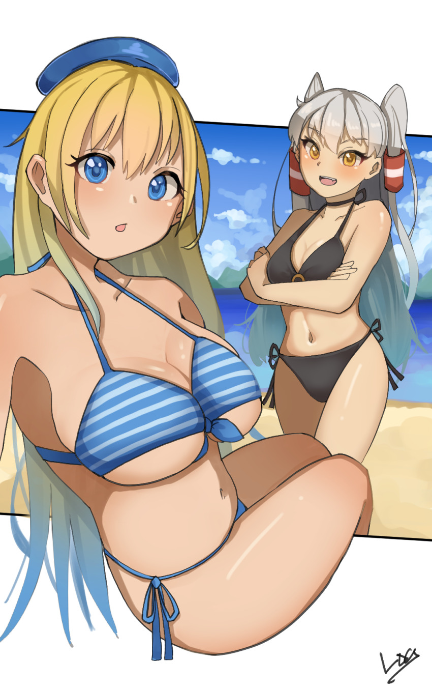 1girl, amatsukaze_(kancolle), atago_(kancolle), beach, beret, bikini, black_bikini, blonde_hair