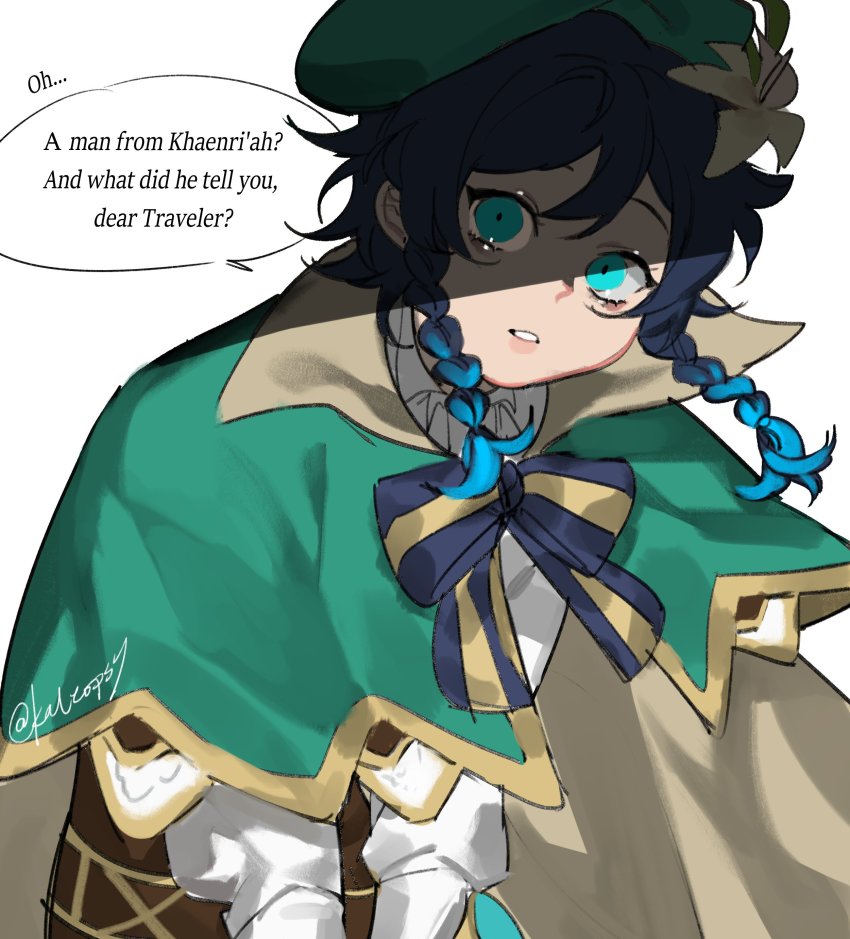 1boy, absurdres, androgynous, beret, black_hair, blue_hair, bow, braid