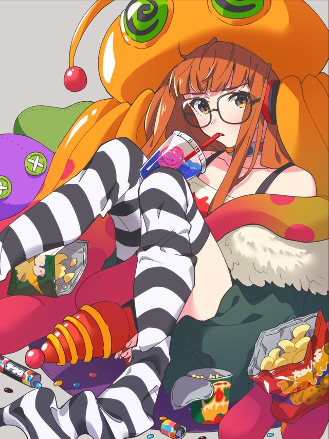 1girl, alien, alien_costume, bare_shoulders, black_tank_top, black_vest, blunt_bangs, button_eyes, buttons, candy, chips_(food), chocolate, coat, cup, drink, drinking_straw, drinking_straw_in_mouth, energy_gun, food, fur-trimmed_coat, fur_trim, glasses, green_coat, gun, headphones, hime_cut, holding, holding_gun, holding_toy, holding_weapon, legs_up, long_hair, loose_thighhigh, off-shoulder_shirt, off_shoulder, open_mouth, orange_hair, persona, persona_5, potato_chips, ray_gun, sakura_futaba, shirt, slushie, snack, solo_focus, spill, striped_clothes, striped_thighhighs, stuffed_toy, sweets, t-shirt, tank_top, tentacles, thighhighs, toy, toy_gun, vest, wadaiez, weapon, white_shirt