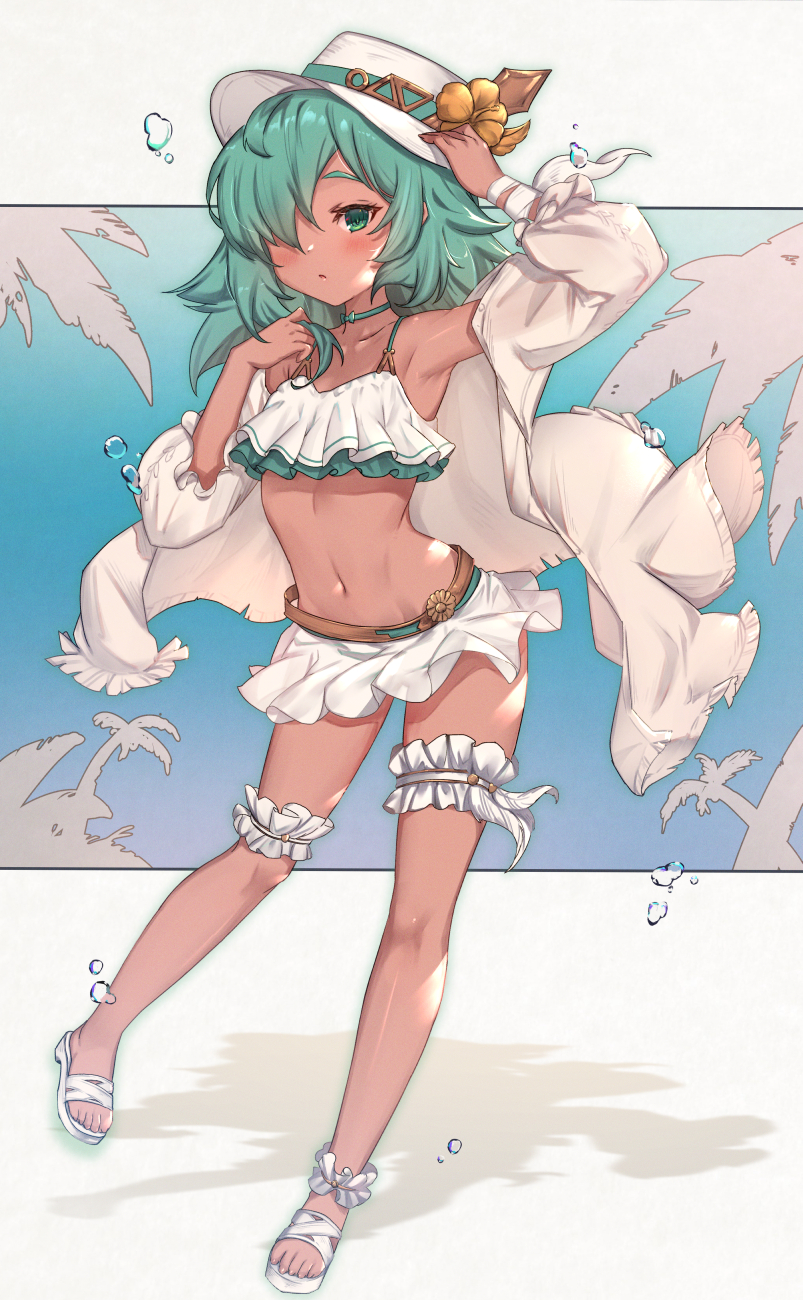 1girl, arm_up, armpits, bandages, bikini, bikini_skirt, blush, choker