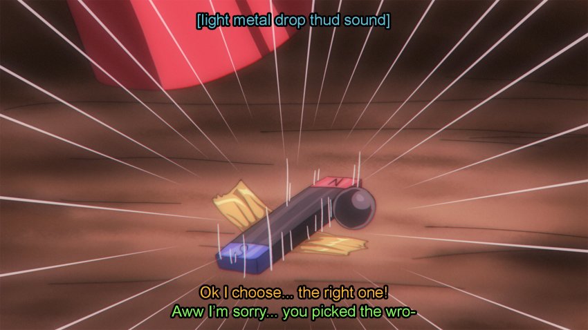 1990s_(style), ball, black_background, cheating_(competitive), commentary, cup, english_commentary, english_text, floor, focused, futatsuiwa_mamizou, gambling, highres, holding, holding_cup, magnet, out_of_frame, retro_artstyle, shell_game, simple_background, step_arts, tape, touhou, upside-down, ushizaki_urumi