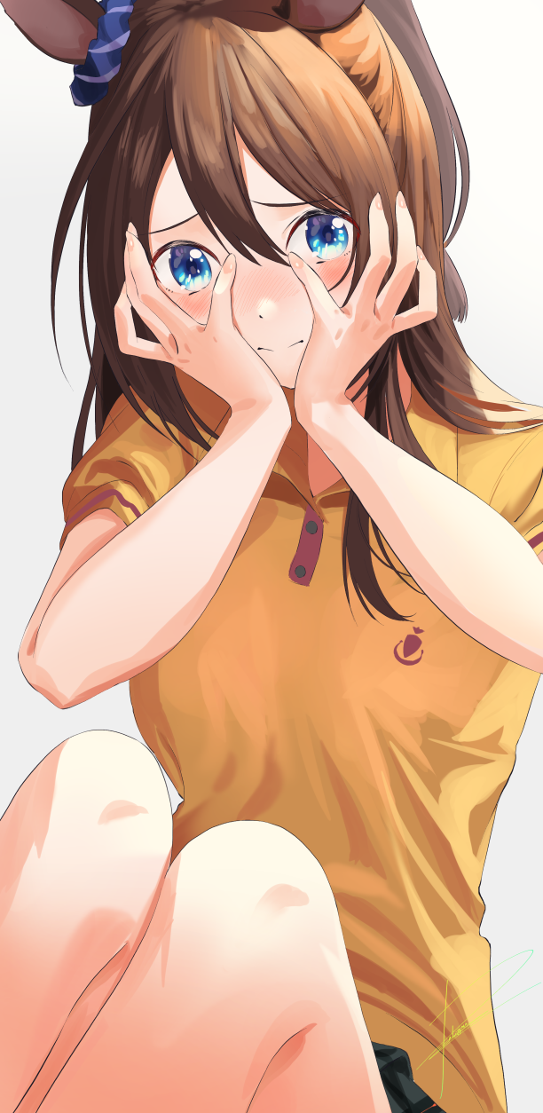 1girl, animal_ears, blue_eyes, blush, brown_hair, closed_mouth, el_condor_pasa_(casual)_(umamusume), el_condor_pasa_(umamusume)