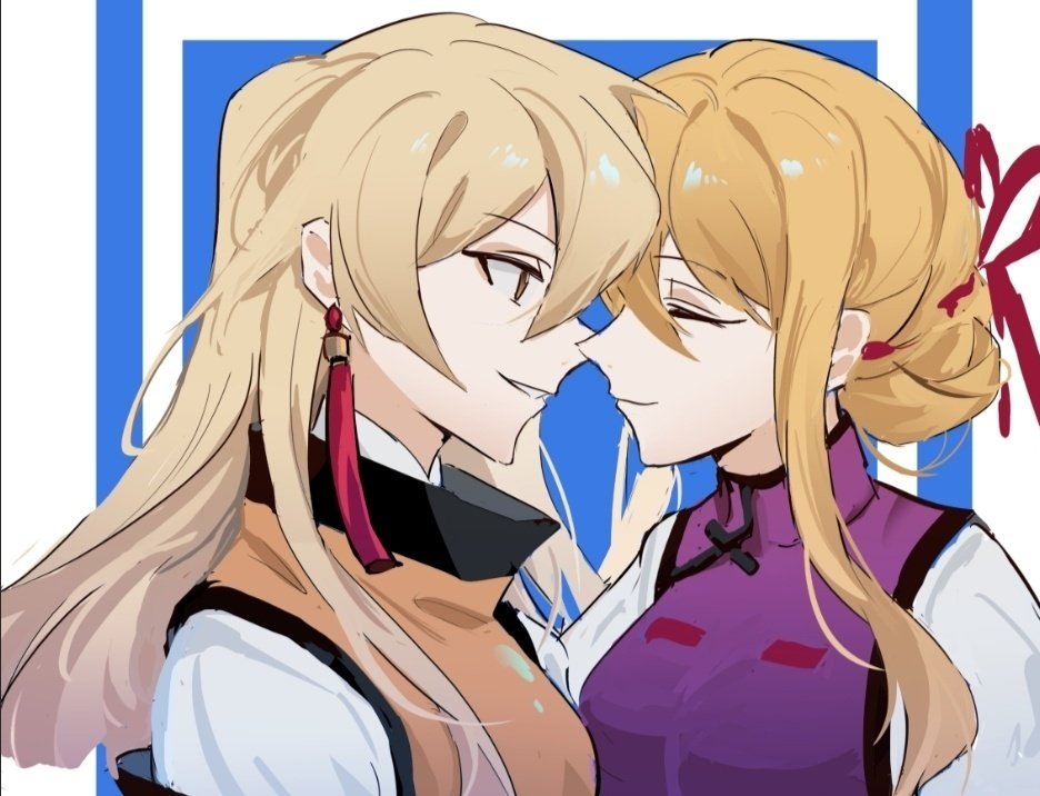 2girls, arong, blonde_hair, commentary, earrings, closed_eyes, face-to-face, facing_another
