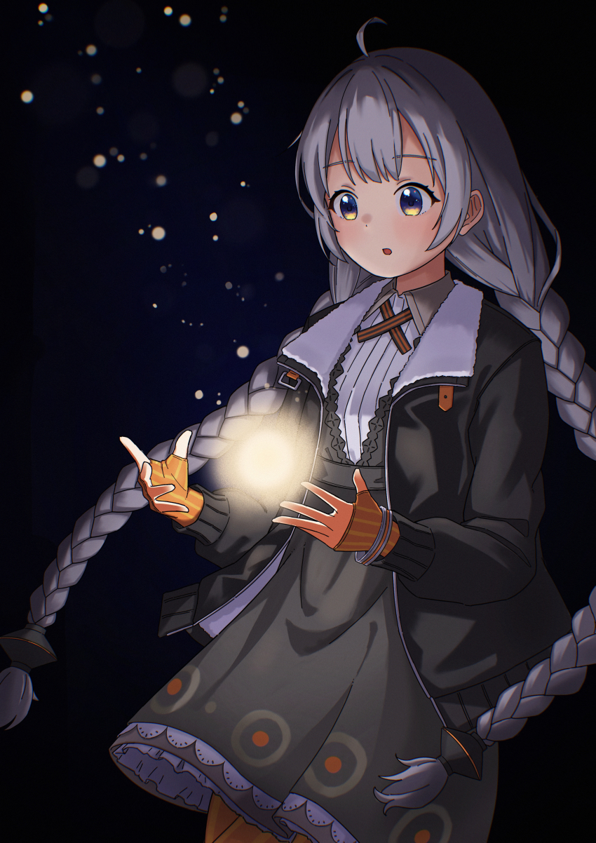 1girl, :o, absurdres, ahoge, black_background, black_coat, black_dress, blue_eyes