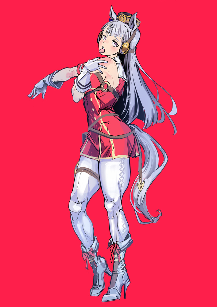 1girl, animal_ears, blunt_bangs, boots, gold_ship_(red_strife)_(umamusume), gold_ship_(umamusume), high_heel_boots, high_heels, horse_ears, horse_girl, horse_tail, long_hair, muscular, pantyhose, silver_hair, solo, stretching, tail, take_nii, tongue, tongue_out, umamusume, very_long_hair