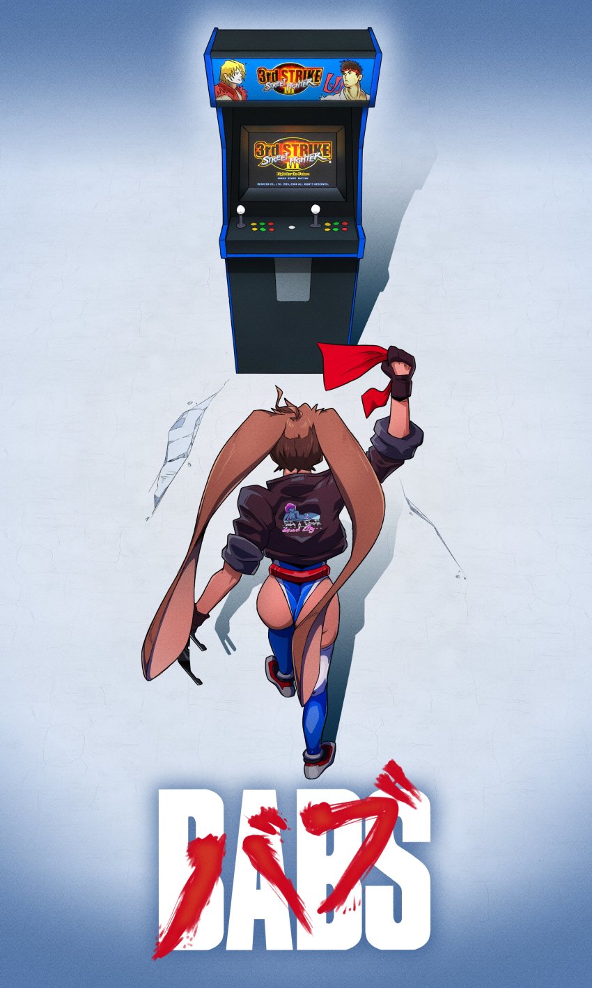 1girl, absurdres, ahoge, akira_(manga), arcade_cabinet, ass, babs_(battle_athlete), black_gloves, blue_leotard, blue_thighhighs, bomber_jacket, brown_hair, cameo, character_name, commentary, dark-skinned_female, dark_skin, english_commentary, from_behind, full_body, gloves, highres, holding, holding_removed_eyewear, huge_ahoge, jacket, leather, leather_jacket, leotard, mascot, multicolored_hair, original, parody, retro_artstyle, ryanarchy, short_hair, sleeves_pushed_up, solo, street_fighter, street_fighter_iii_(series), sunglasses, thighhighs, thong_leotard, title_parody, two-tone_hair, unworn_eyewear, unworn_headband, very_long_ears