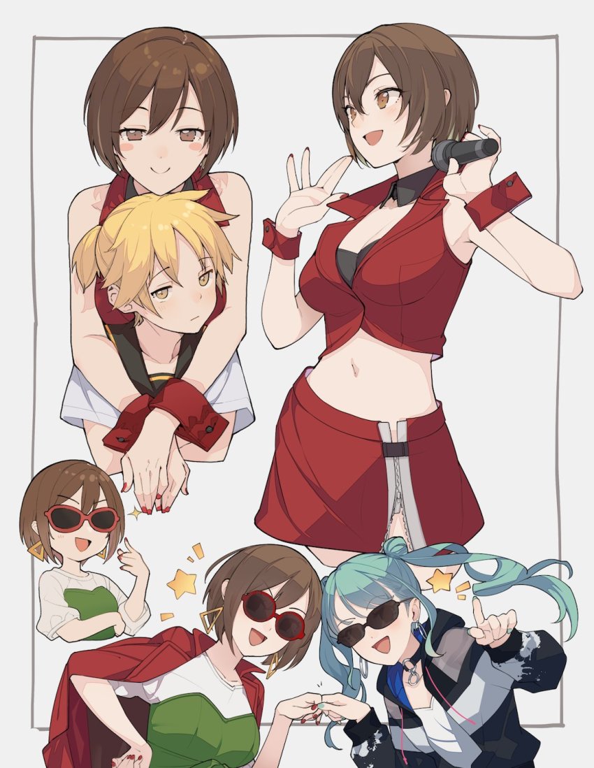 1boy, 2girls, :>, aqua_hair, aqua_nails, arms_around_neck, black_bra, black_collar, black_jacket, blonde_hair, blush_stickers, bra, breasts, brown_eyes, brown_hair, choker, collar, commentary, crop_top, crossed_arms, expressionless, fist_bump, green_shirt, hatsune_miku, highres, hug, hug_from_behind, jacket, jacket_on_shoulders, kagamine_len, long_hair, looking_at_viewer, medium_breasts, meiko_(vocaloid), meiko_(vocaloid3), midriff, miniskirt, multiple_girls, multiple_views, nail_polish, navel, ponytail, project_sekai, red_jacket, red_nails, red_skirt, sailor_collar, shirinda_fureiru, shirt, short_hair, short_ponytail, short_sleeves, skirt, smile, star_(symbol), stomach, sunglasses, twintails, underwear, vivid_bad_squad_meiko, vivid_bad_squad_miku, vocaloid, white_shirt, wrist_cuffs, yellow_eyes, zipper_pull_tab, zipper_skirt