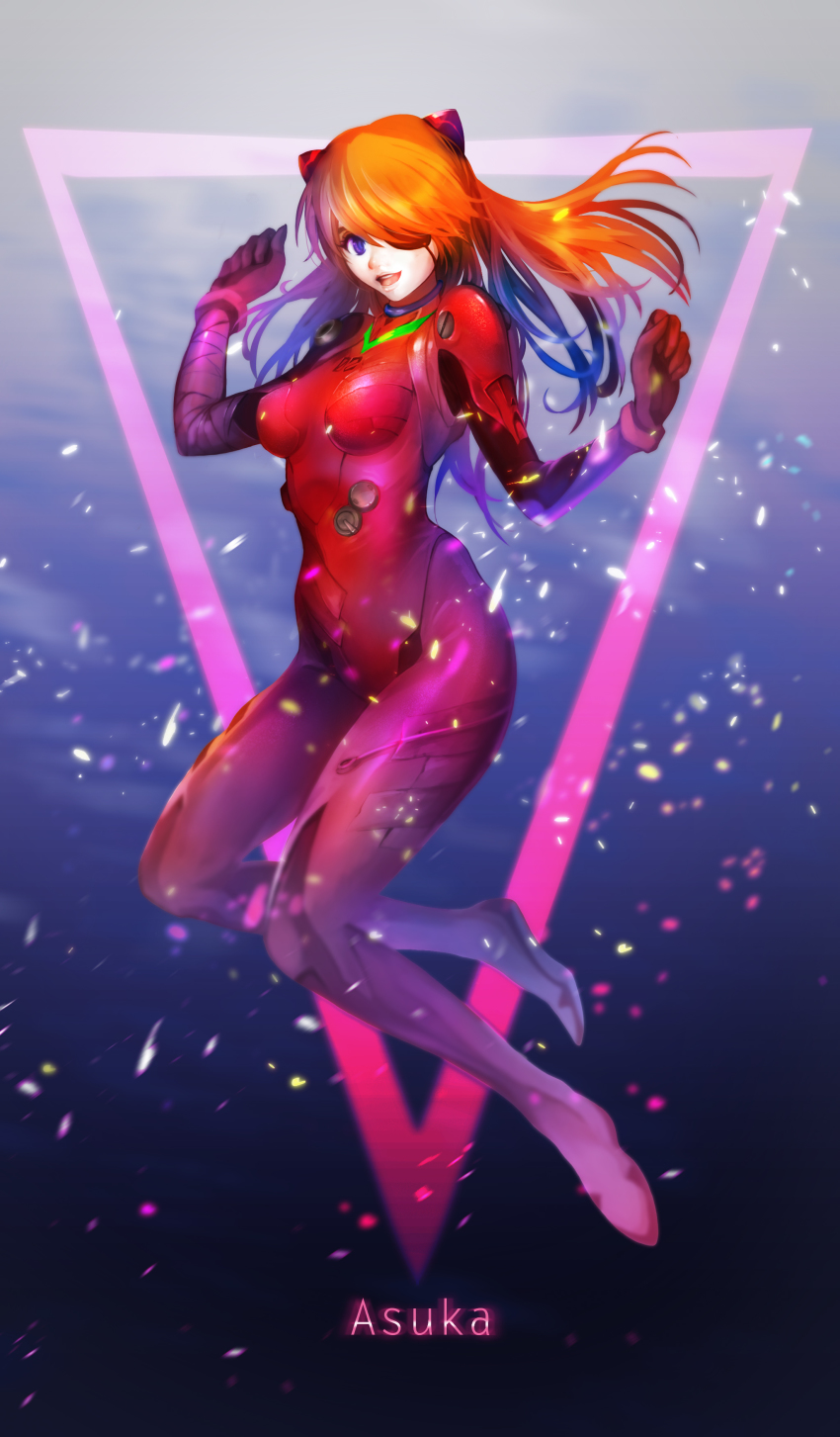 1girl, absurdres, arms_up, blue_eyes, breasts, brown_hair, character_name, eyepatch, floating, floating_hair, highres, interlocked_fingers, long_hair, mecha_pilot_suit, medium_breasts, neon_genesis_evangelion, plugsuit_(evangelion), rebuild_of_evangelion, redlove, smile, solo, souryuu_asuka_langley, teeth, twintails