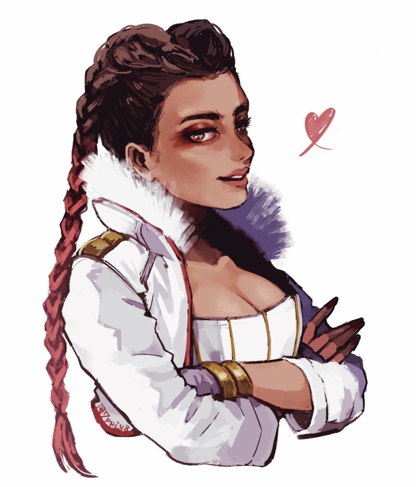 1girl, 7ppiya_(napami), animification, apex_legends, braid, breasts, brown_hair, cleavage