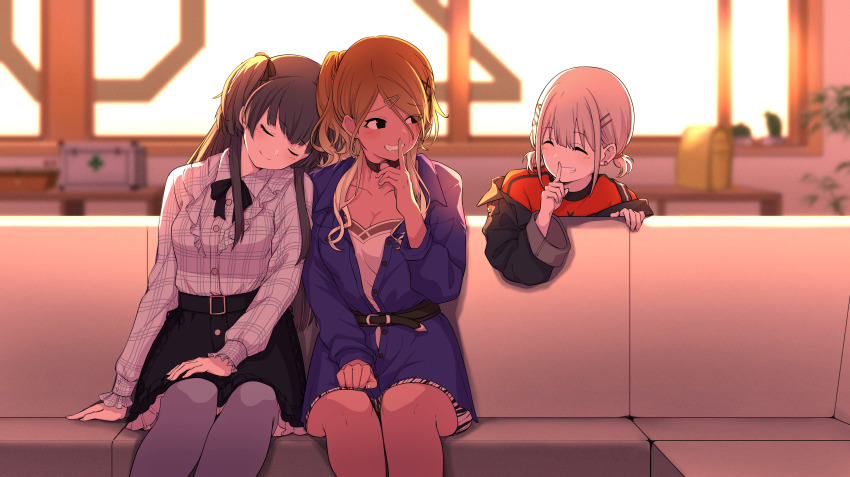 3girls, ^_^, absurdres, backlighting, black_hair, black_skirt, blonde_hair, blue_jacket