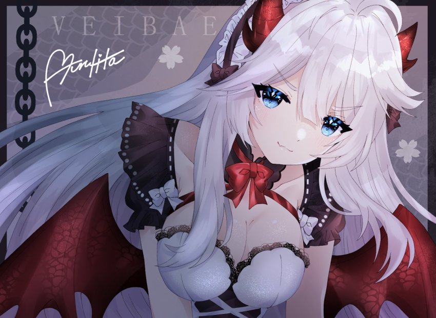 1girl, bow, breasts, cleavage, collarbone, demon_girl, demon_horns, demon_wings