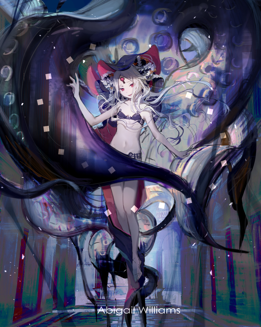 1girl, abigail_williams_(fate), abigail_williams_(swimsuit_foreigner)_(fate), abigail_williams_(swimsuit_foreigner)_(first_ascension)_(fate), absurdres, bare_shoulders, black_bow, black_headwear, bow, breasts, character_name, colored_skin, fate/grand_order, fate_(series), forehead, hat, highres, keyhole, long_hair, multiple_bows, navel, orange_bow, parted_bangs, qingyu, red_eyes, small_breasts, tentacles, third_eye, white_hair, white_skin, witch_hat