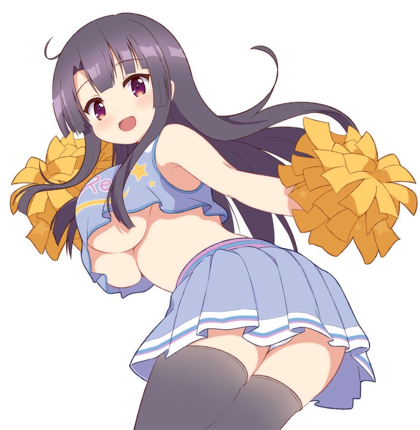 1girl, black_hair, black_thighhighs, blunt_bangs, blush, breasts, brown_eyes, cheerleader