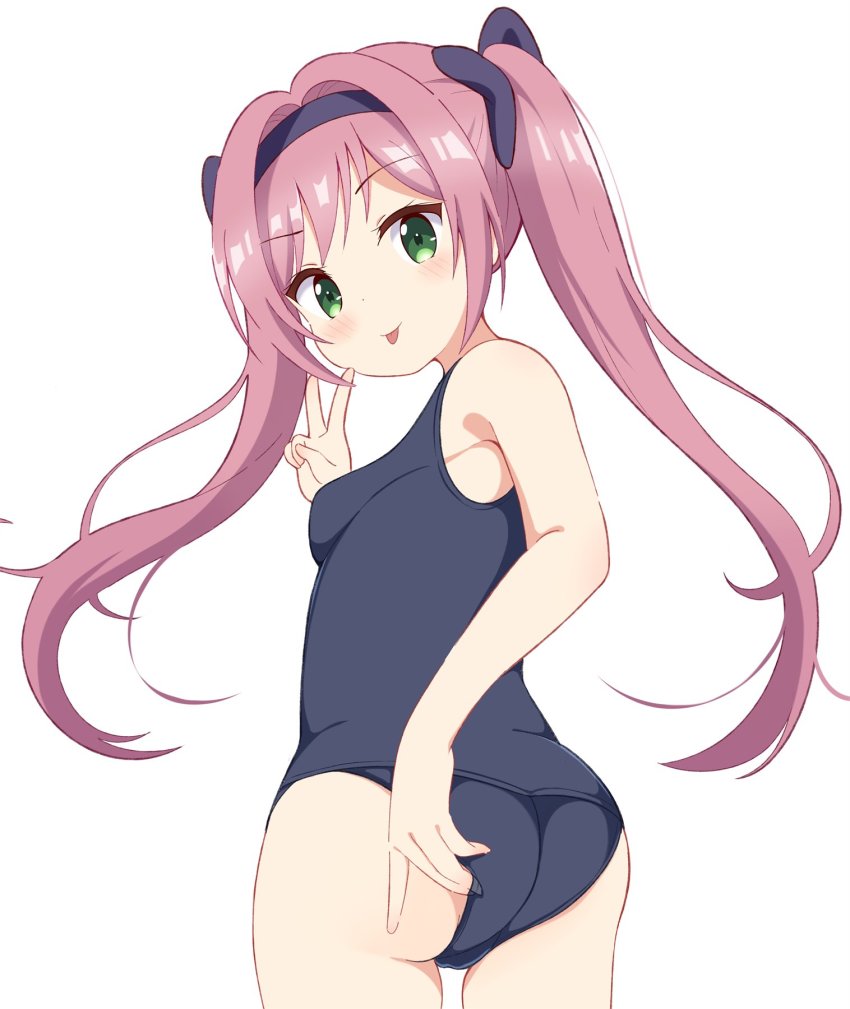 1girl, ass, blue_one-piece_swimsuit, breasts, clothes_pull, green_eyes, hair_between_eyes, hair_ornament
