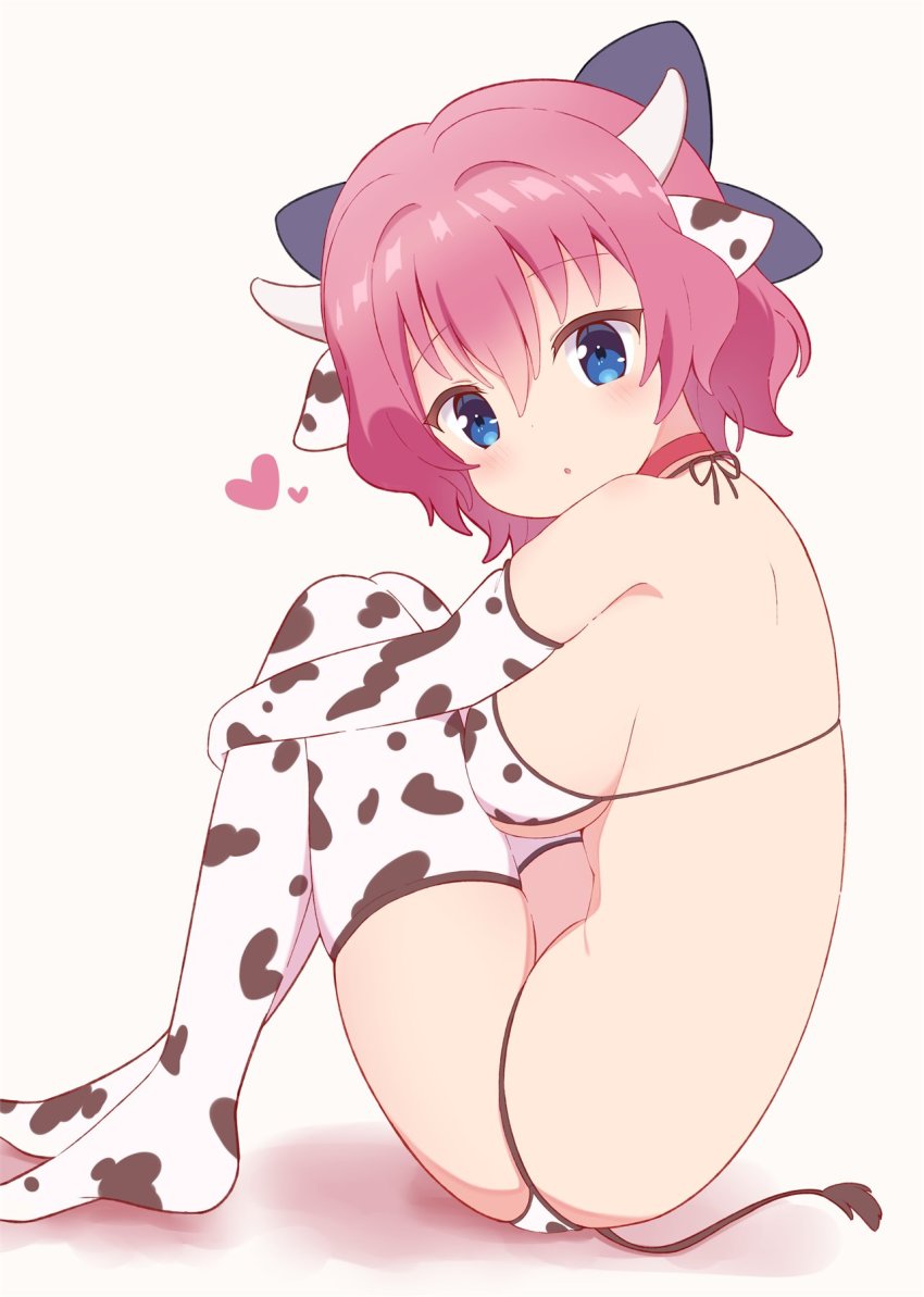animal_ears, animal_print, arm_around_leg, bikini, black_ribbon, blue_eyes, blush, breasts