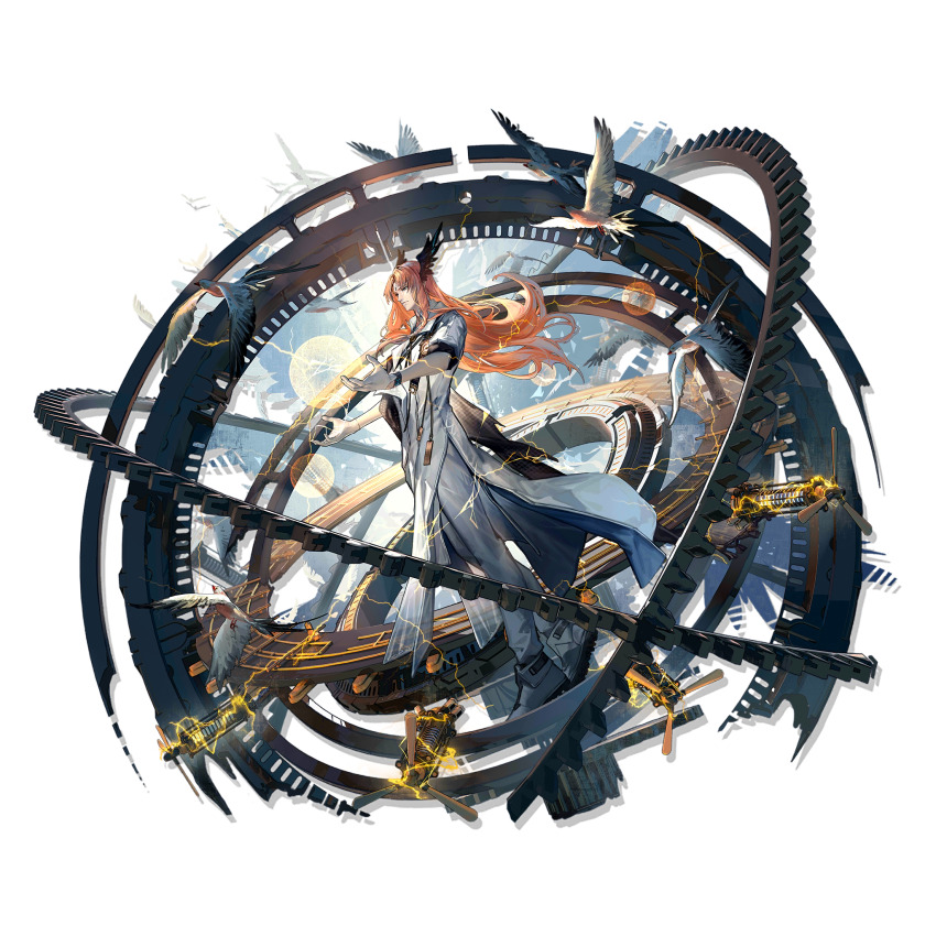 1boy, arknights, bird, black_pants, black_shoes, blue_eyes, brown_hair, electricity