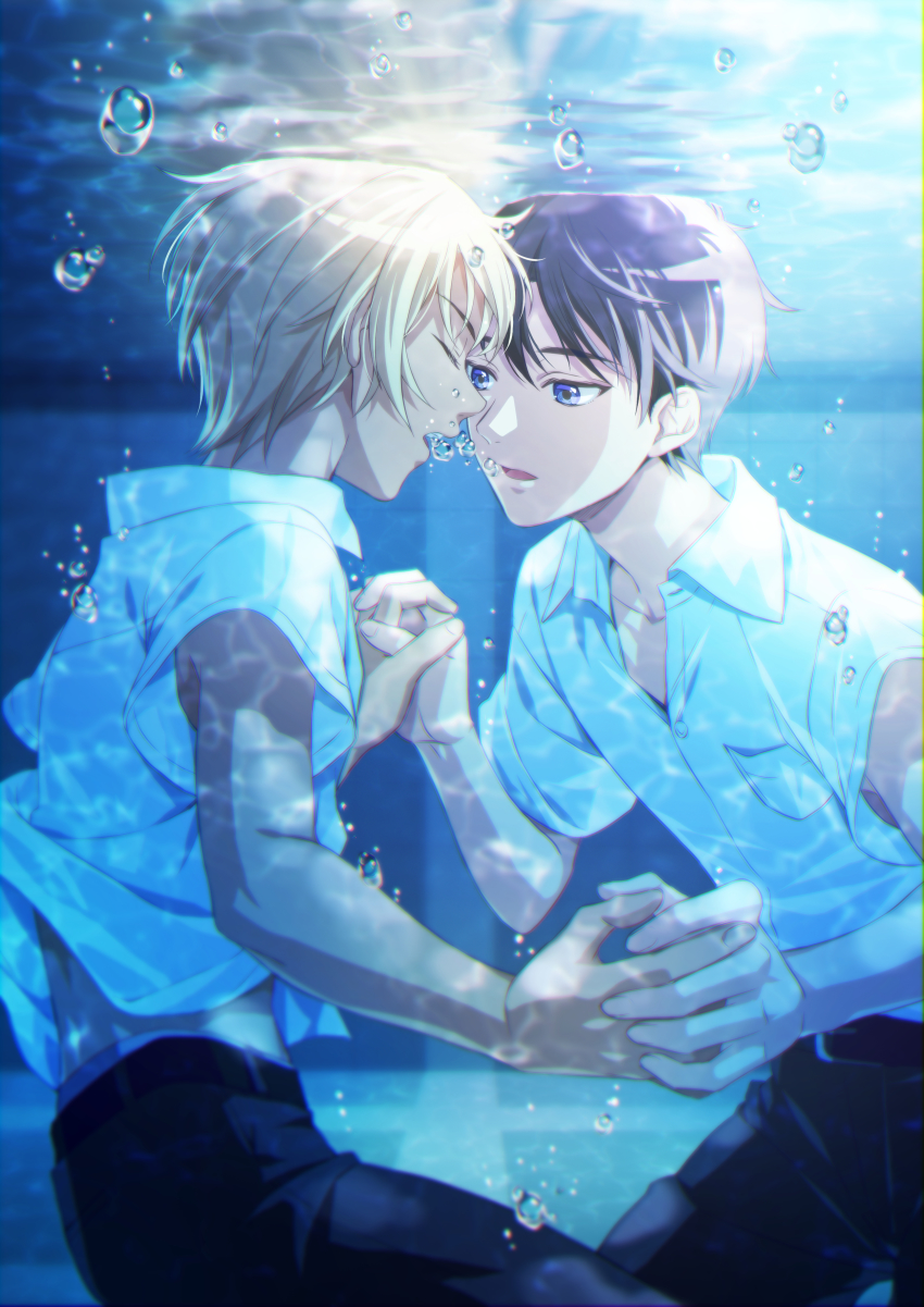 2boys, absurdres, aged_down, air_bubble, amuro_tooru, belt, black_belt, black_pants