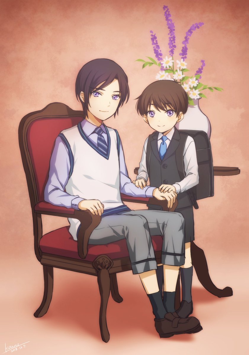 2boys, aged_down, backpack, bag, black_hair, black_shorts, black_socks, black_vest