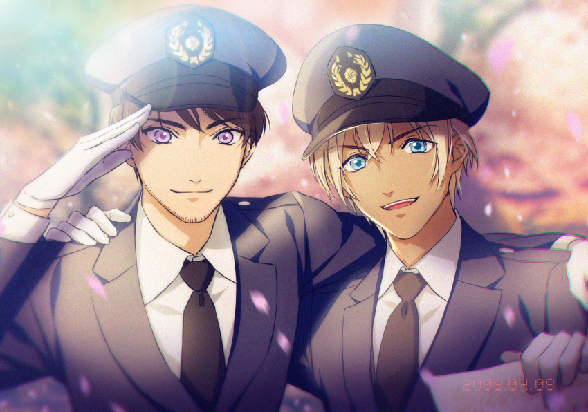 2boys, :d, amuro_tooru, arm_around_shoulder, arm_up, black_headwear, black_jacket, black_neckwear