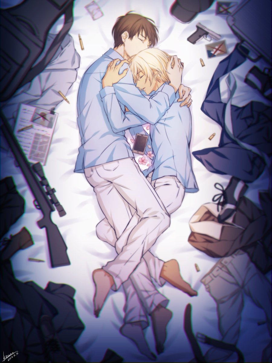2boys, amuro_tooru, ass, barefoot, baseball_cap, black_headwear, black_shirt, black_shoes, blonde_hair, blue_shirt, blurry, briefcase, brown_hair, brown_shirt, bullet, cellphone, clipboard, clothes, collared_shirt, commentary_request, dated, depth_of_field, facial_hair, flower, from_side, grey_neckwear, grey_pants, gun, handgun, hat, highres, hug, kouno_kb, lying, male_focus, matching_outfits, meitantei_conan, multiple_boys, necktie, on_bed, on_side, pants, parted_lips, petals, phone, photo_(object), pink_flower, rifle, scotch_(meitantei_conan), shirt, shoes, short_hair, signature, sleeping, stubble, undone_necktie, unworn_shoes, weapon, yaoi