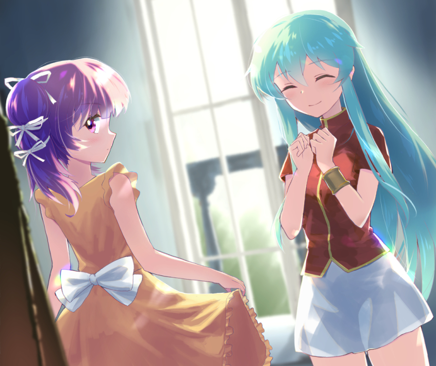 2girls, aqua_hair, blush, bracelet, closed_eyes, clothes_lift, dress, dress_lift