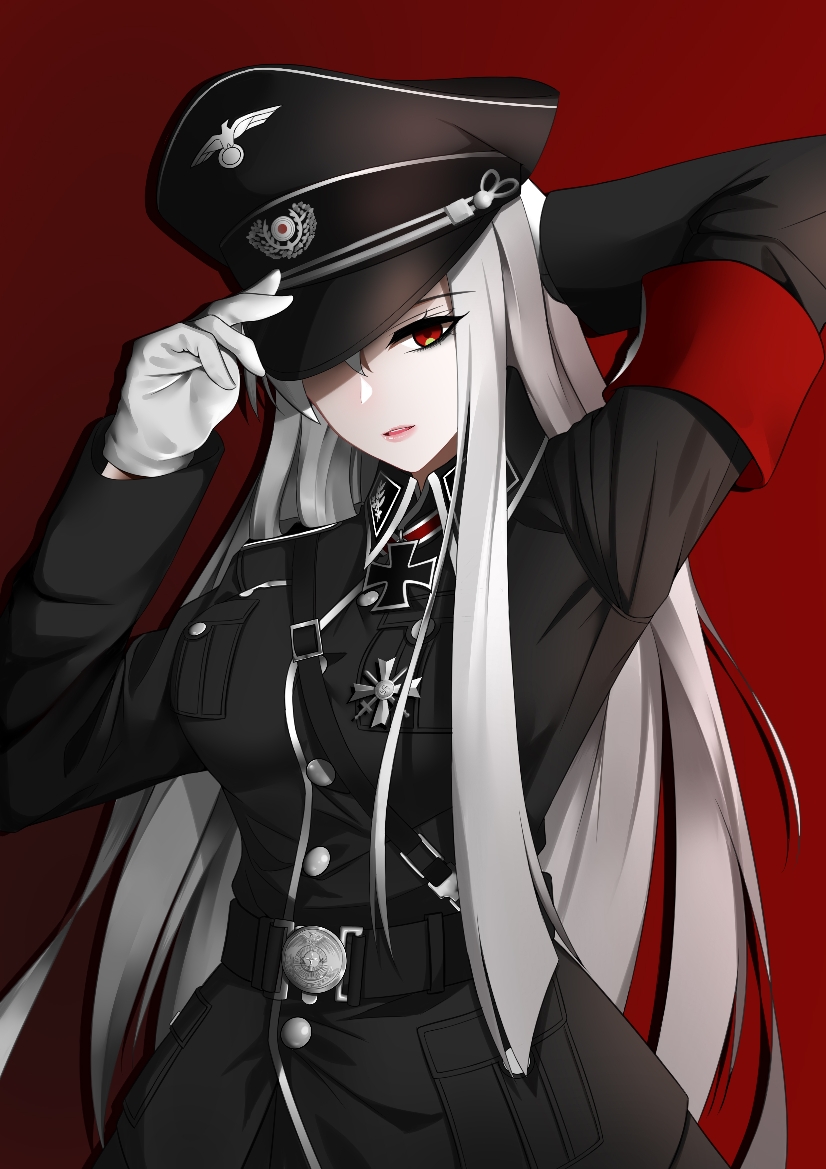 1girl, armband, belt, black_belt, black_hat, black_jacket, breasts, cowboy_shot, cross, gloves, grey_hair, hat, iron_cross, jacket, long_hair, long_sleeves, looking_at_viewer, lzypoipoi, medium_breasts, military, military_uniform, original, parted_lips, peaked_cap, red_armband, red_background, red_eyes, solo, upper_body, white_gloves