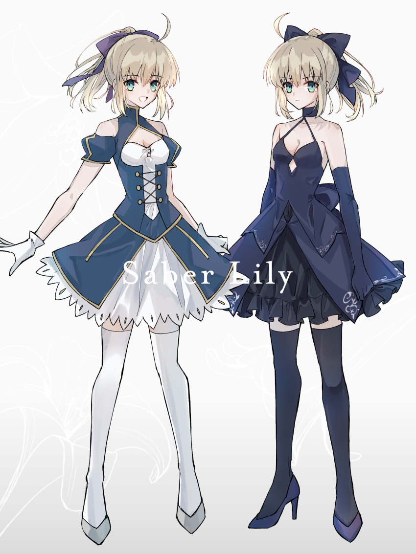 2girls, absurdres, adapted_costume, ahoge, artoria_pendragon_(fate), black_bow, black_gloves, black_jacket