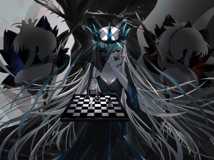 artoria_pendragon_(fate), black_dress, breasts, chess_piece, chessboard, cleavage, copyright_request, crossed_legs