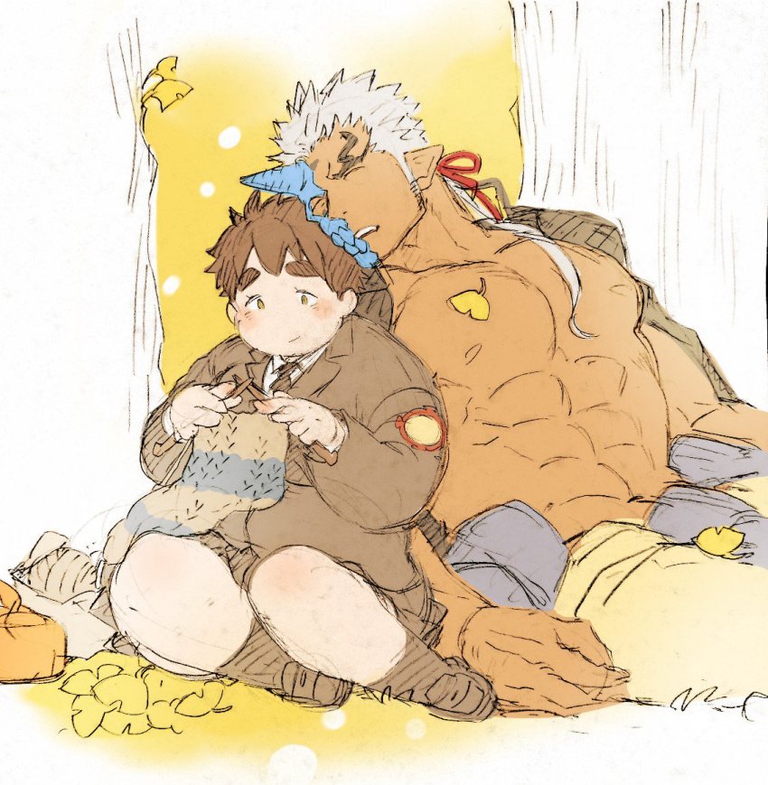 2boys, abs, bara, bare_pectorals, couple, dark-skinned_male, dark_skin, fang, fat, fat_man, half_mask, horned_mask, horns, interracial, kijima_hyogo, knitting, knitting_needle, long_sideburns, male_focus, mask, protagonist_5_(housamo), monster_boy, multiple_boys, muscular, muscular_male, navel, needle, nipples, oni_mask, pectorals, short_hair, shuten_douji_(housamo), sideburns, single_horn, sitting, sketch, sleeping, sleeping_on_person, stomach, tokyo_houkago_summoners, white_hair, yaoi