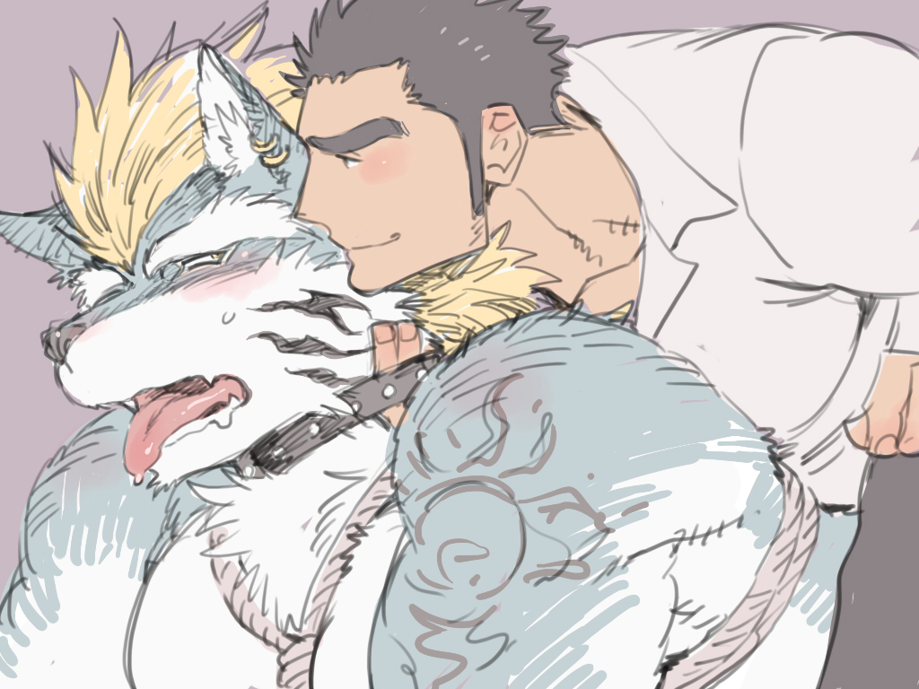 2boys, bara, bare_pectorals, black_collar, blue_fur, blush, collar, earrings