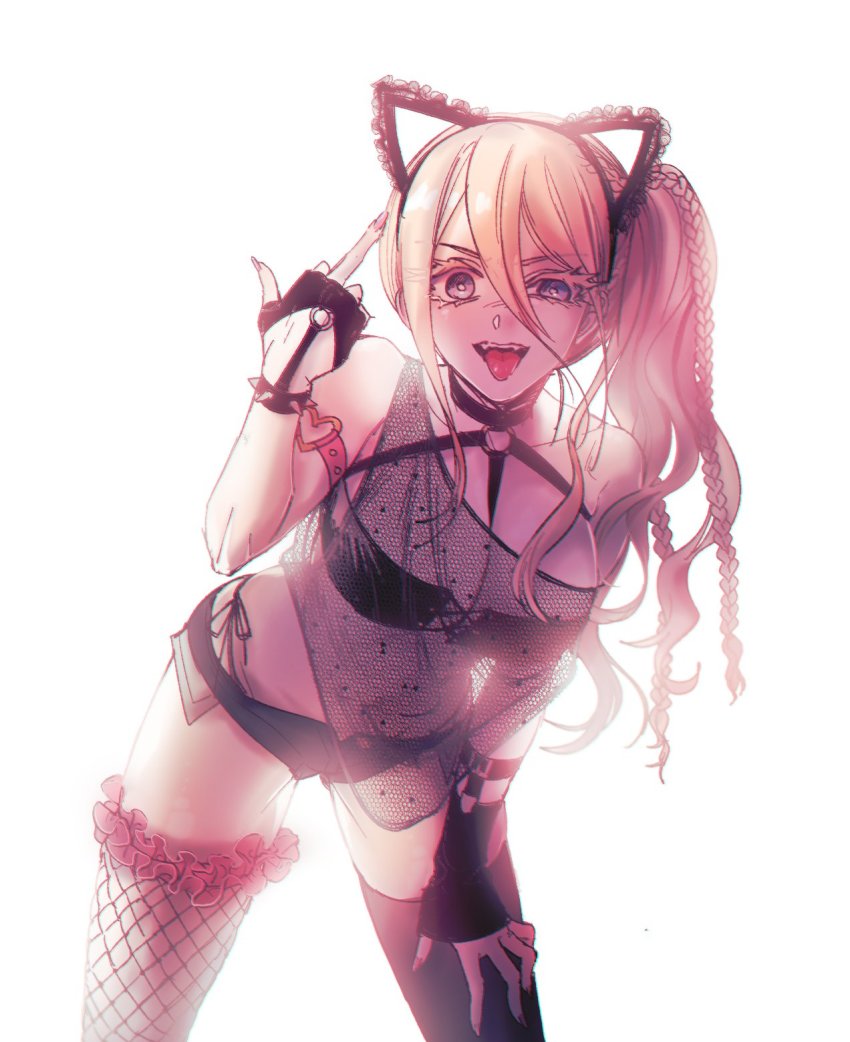 :p, animal_ears, asymmetrical_legwear, bare_shoulders, black_choker, black_gloves, black_shirt, black_shorts
