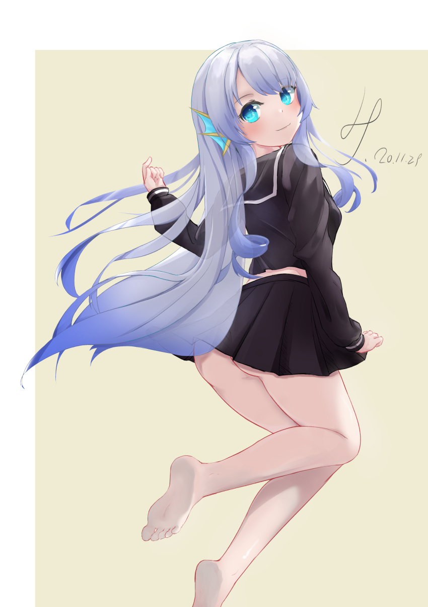 1girl, absurdres, airborne, ass, barefoot, black_skirt, blue_eyes, blue_hair