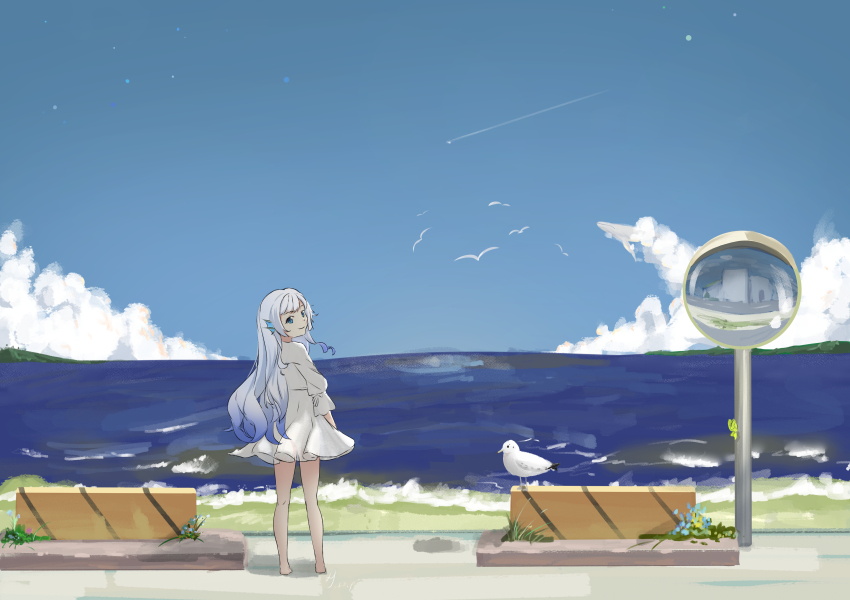 1girl, absurdres, alternate_costume, barefoot, bird, blue_hair, chinese_commentary, cloud, doris_(hololive), dress, fins, head_fins, highres, hololive, hololive_china, long_hair, looking_back, ocean, qinxinqinxinqin, scenery, seagull, sign, sky, smile, solo, virtual_youtuber, water, white_dress
