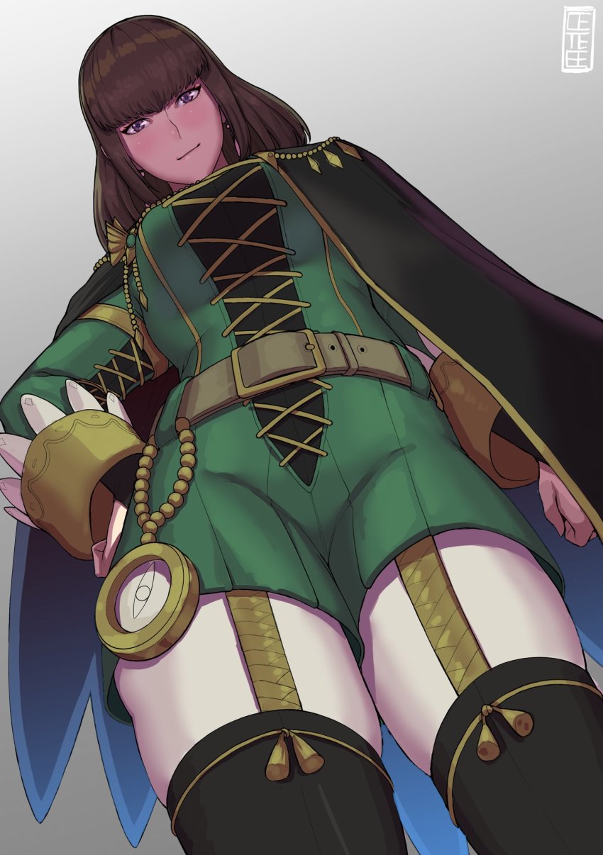 1girl, blush, boots, breasts, bridal_gauntlets, brown_eyes, brown_hair, capcom