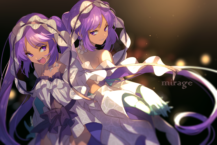 2girls, bare_shoulders, blush, breasts, collarbone, dress, echo_(circa), euryale_(fate)