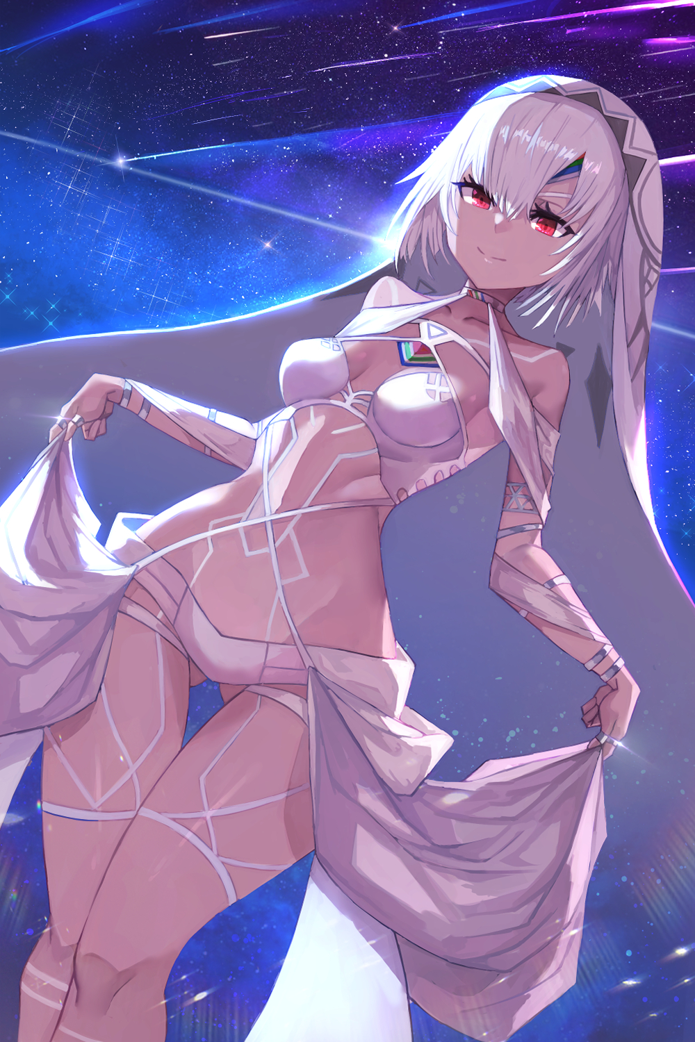 1girl, altera_(fate), altera_(lostroom_outfit)_(fate), bare_shoulders, blush, breasts, collarbone, dark-skinned_female