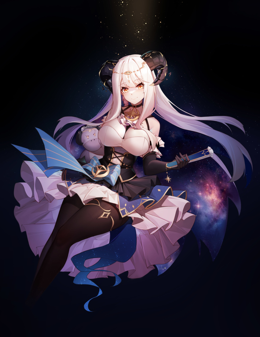 1girl, absurdres, black_pantyhose, blonde_hair, breasts, ciyana, cleavage, corset