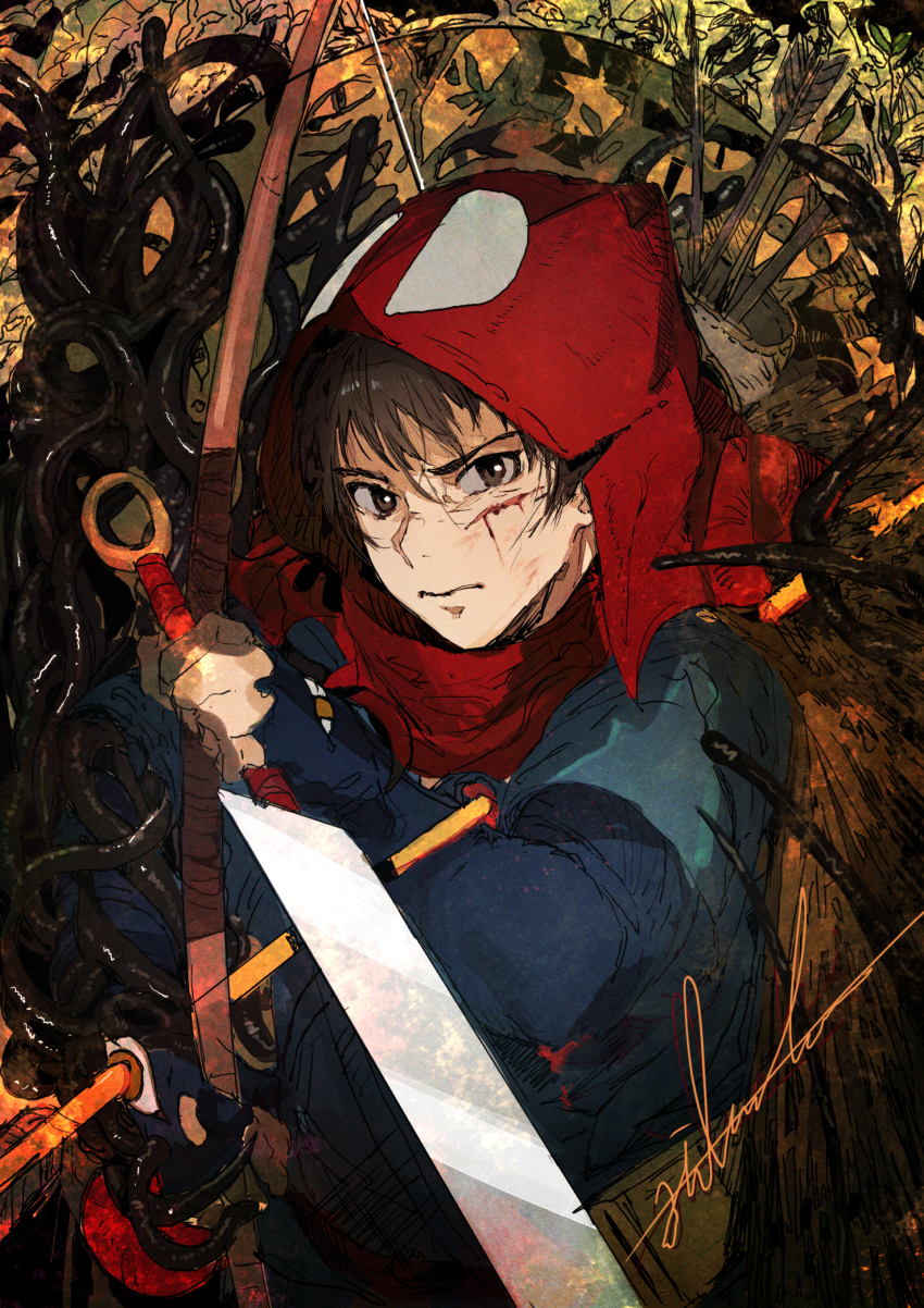 1boy, arrow_(projectile), ashitaka, blood, blood_on_face, blue_shirt, bow_(weapon), brown_eyes, brown_hair, closed_mouth, commentary, cuts, grimace, highres, hiranko, holding, holding_bow_(weapon), holding_sword, holding_weapon, hood, impaled, injury, looking_at_viewer, mononoke_hime, quiver, red_hood, reverse_grip, scabbard, sheath, shirt, short_hair, signature, solo, straw_cape, sword, unsheathed, upper_body, weapon