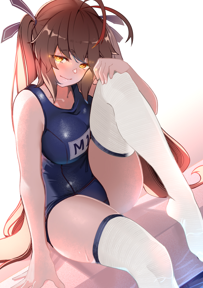 1girl, blue_one-piece_swimsuit, breasts, brown_hair, girls'_frontline, highres, large_breasts, long_hair