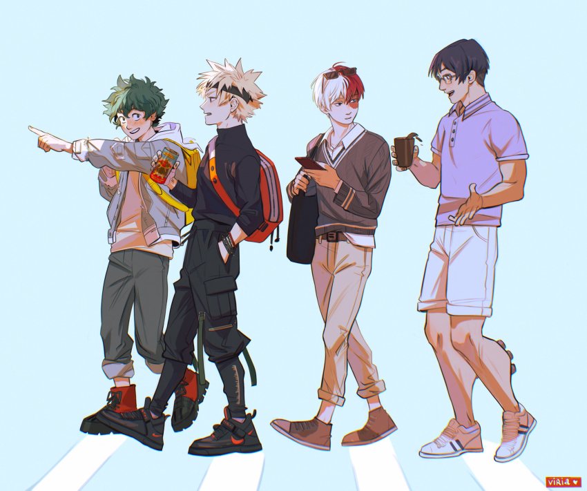 4boys, adam's_apple, armored_boots, artist_name, backpack, bag, bakugou_katsuki, bare_arms, black_footwear, black_legwear, black_pants, black_sweater, blonde_eyebrows, blonde_hair, blue_background, blue_eyes, blue_hair, blush, boku_no_hero_academia, boots, brown_footwear, cellphone, closed_mouth, coffee, coffee_mug, collarbone, collared_shirt, crosswalk, cup, curly_hair, drink, drinking_glass, engine, eyewear_on_head, foot_armor, freckles, glasses, green_eyes, green_hair, grey_eyes, grey_jacket, grey_legwear, grey_pants, grey_sweater, hair_between_eyes, headband, height_difference, heterochromia, highres, holding, holding_cellphone, holding_drinking_glass, holding_phone, iida_tenya, jacket, long_sleeves, looking_at_another, male_focus, midoriya_izuku, mug, multicolored_hair, multiple_boys, nike_(company), open_mouth, pale_skin, pants, phone, pointing, profile, red_eyes, red_footwear, red_hair, shirt, shirt_tucked_in, shoes, short_hair, short_sleeves, shoulder_bag, smartphone, sneakers, soda, spiked_hair, standing, sunglasses, sunglasses_on_head, sweater, talking, teeth, three-quarter_sleeves, todoroki_shoto, tongue, twitter_username, two-tone_hair, v-neck, viria13, walking, watermark, white_footwear, white_hair, white_shirt