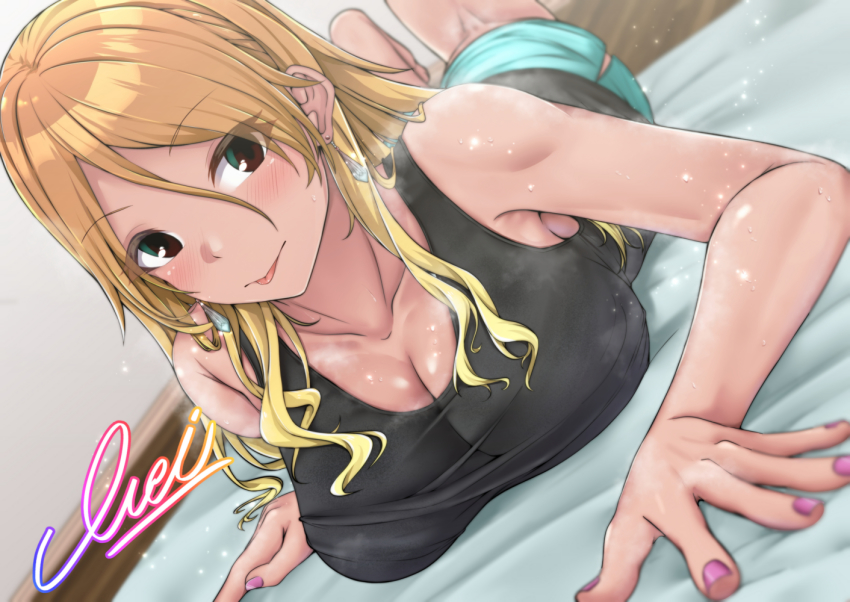 :p, aga_marino, armpits, bare_shoulders, black_tank_top, blonde_hair, blush, breasts, brown_hair, cleavage, collarbone, dutch_angle, earrings, feet_up, glint, gradient_hair, green_shorts, gyaru, idolmaster, idolmaster_shiny_colors, indoors, izumi_mei, jewelry, large_breasts, looking_at_viewer, lying, mat, multicolored_hair, nail_polish, on_stomach, shiny_skin, shorts, side_slit, side_slit_shorts, signature, solo, steam, sweat, sweatdrop, tank_top, tongue, tongue_out