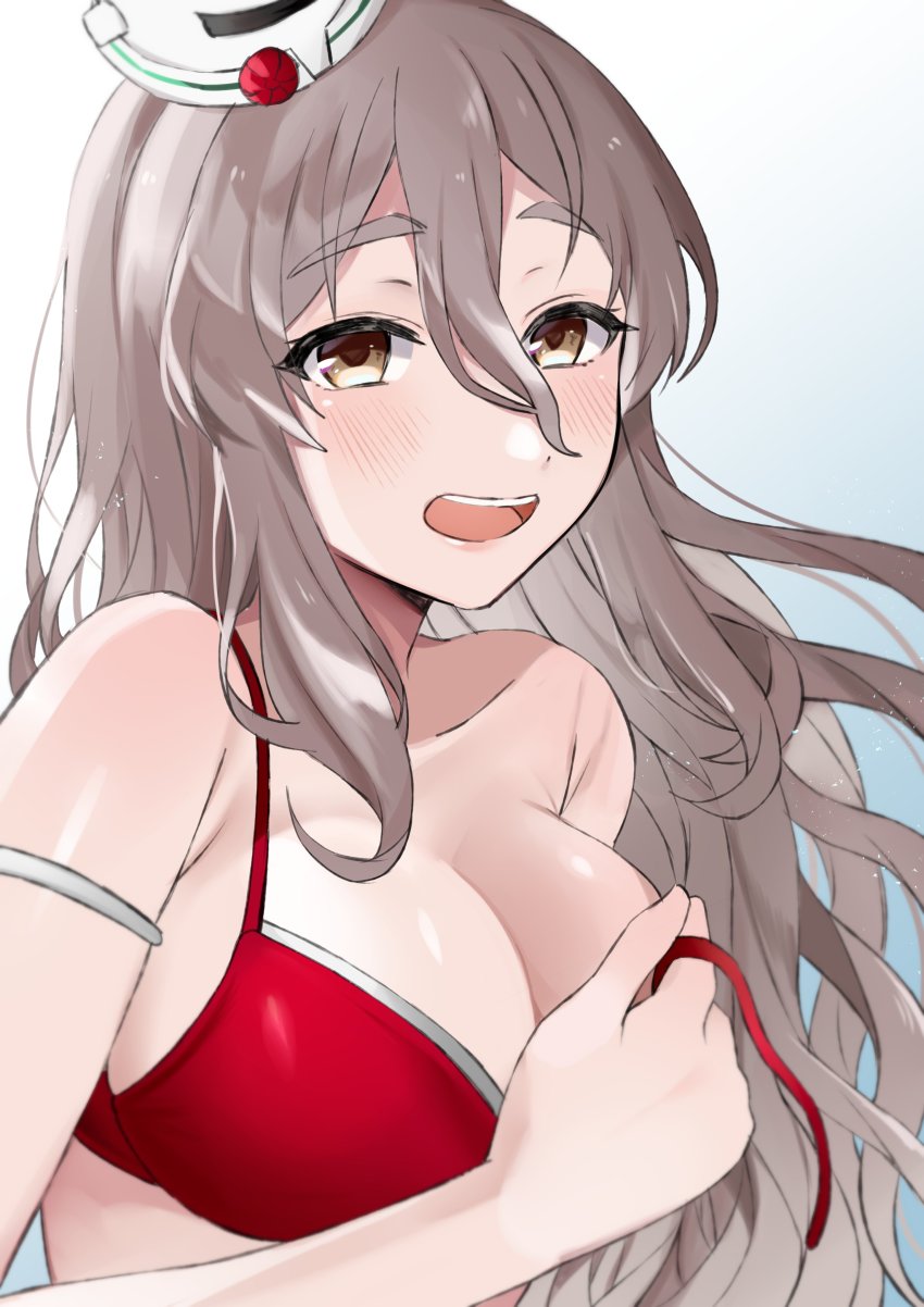 1girl, absurdres, bikini, blush, breasts, brown_eyes, cleavage, covering_breasts